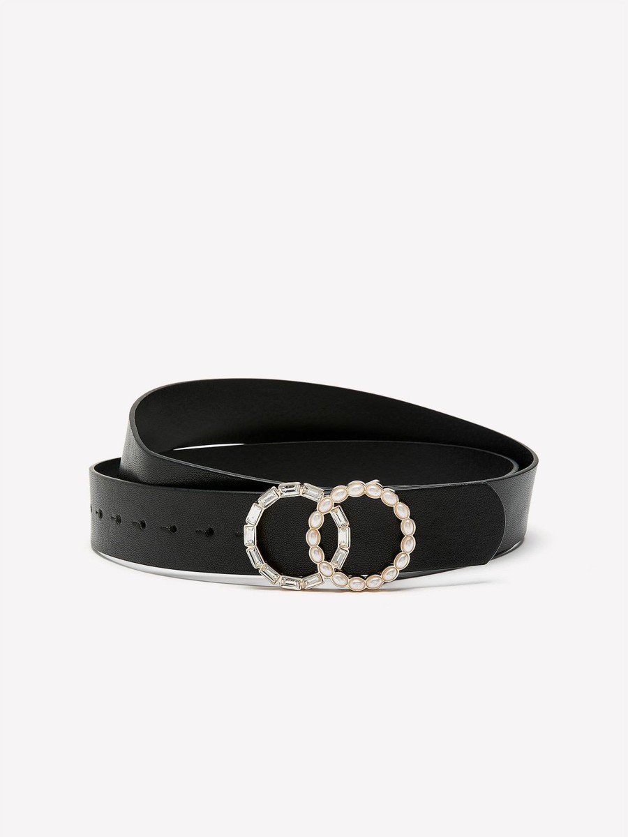 Accessories Penningtons | Black Denim Belt With Double Ring Pearl Buckle