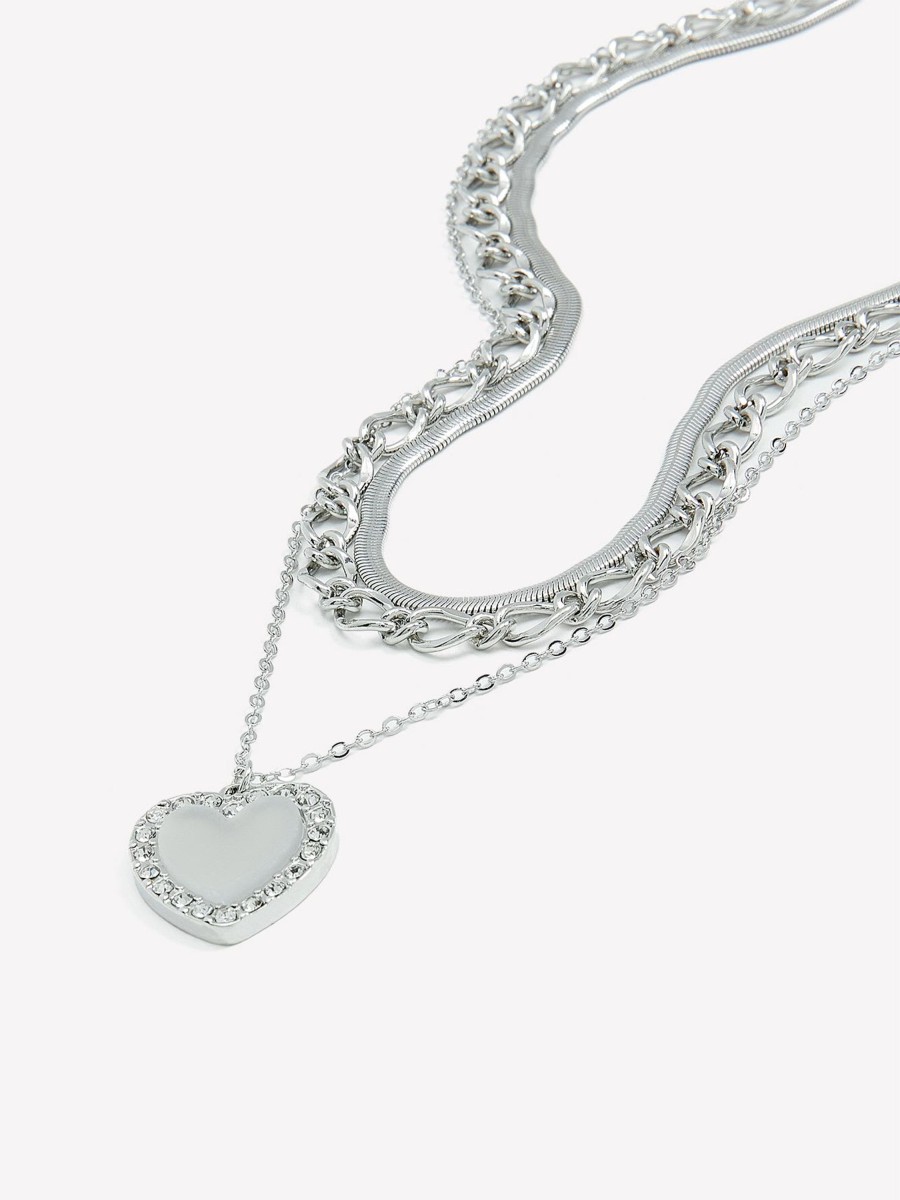 Accessories Penningtons | Three-Layer Silver Short Necklace With Heart Pendant