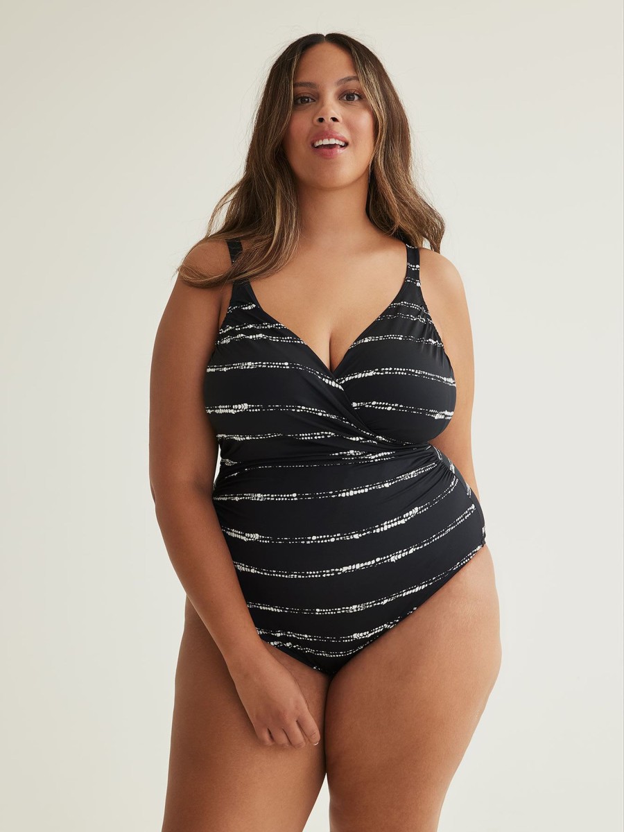 Clothing Penningtons | Black Dotted Stripe Wrap One-Piece Swimsuit