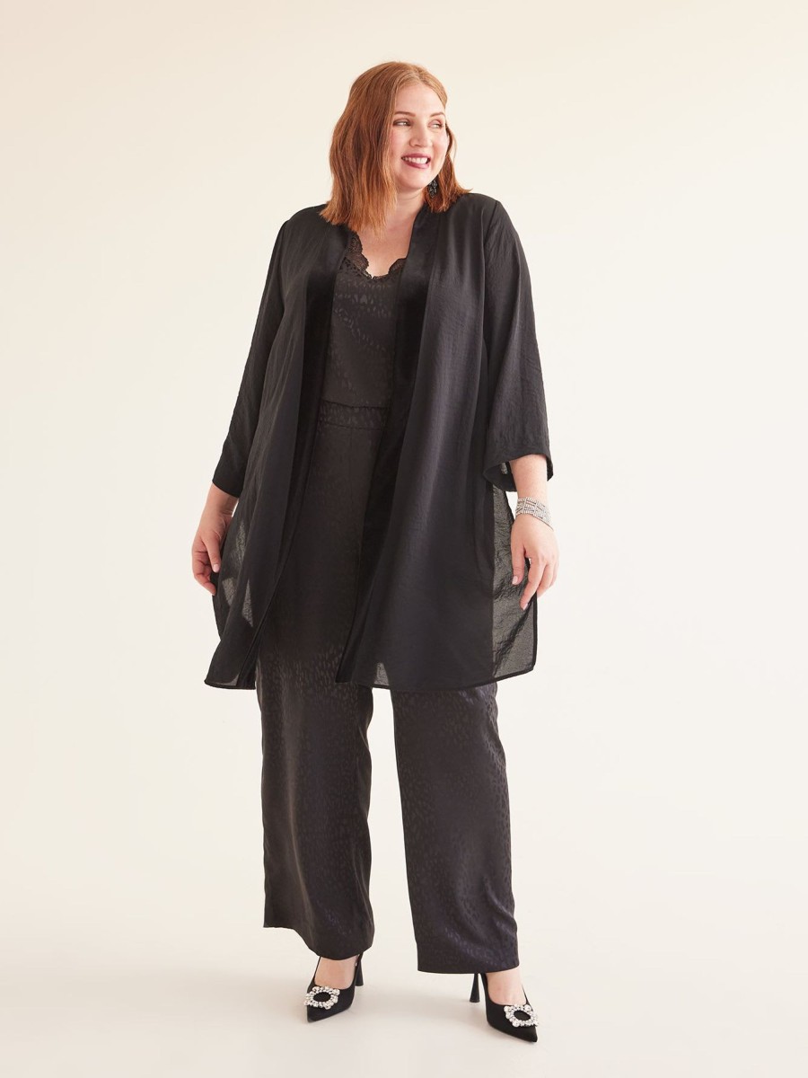 Clothing Penningtons | Long Black Kimono Sleeve Overpiece With Velvet Trim