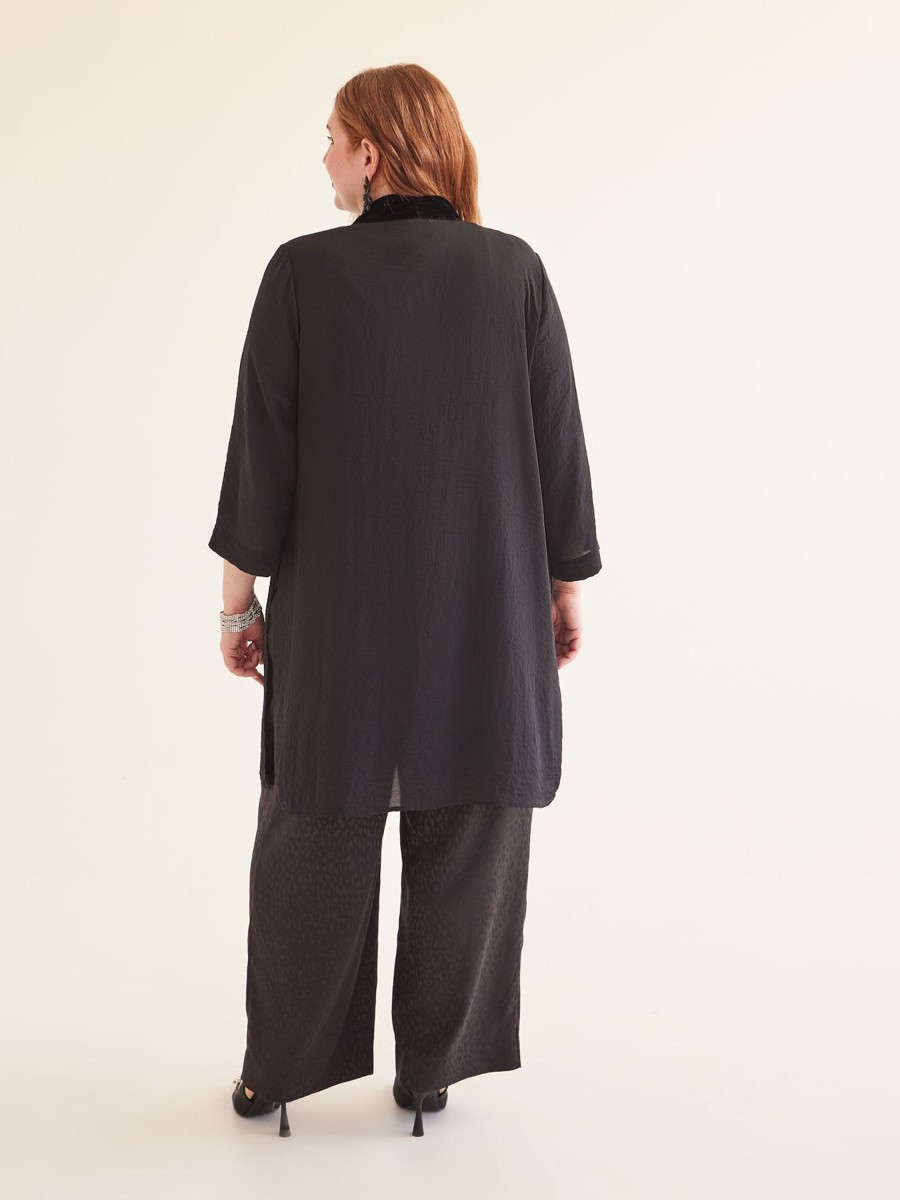 Clothing Penningtons | Long Black Kimono Sleeve Overpiece With Velvet Trim