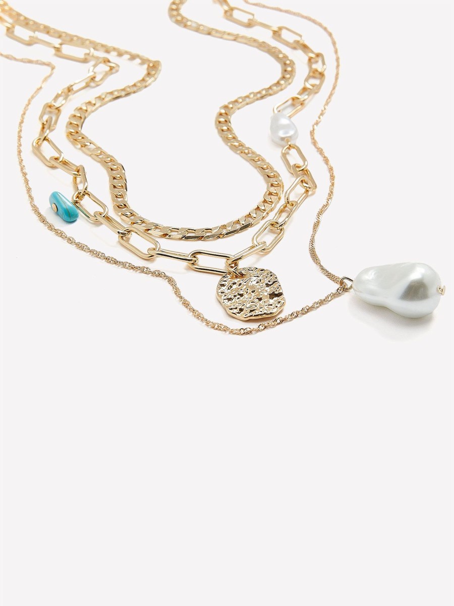 Accessories Penningtons | Three-Layer Chain With Pearl And Medallion Pendants