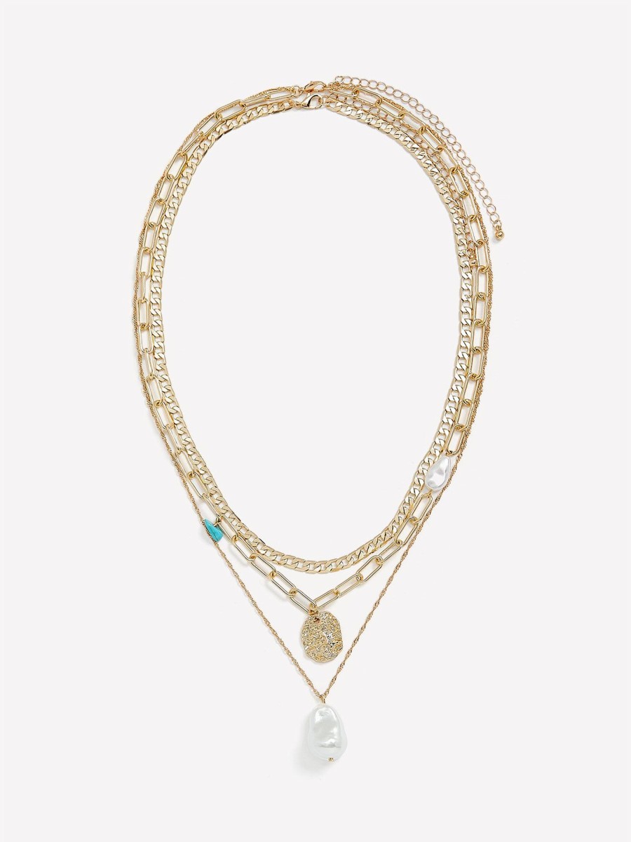 Accessories Penningtons | Three-Layer Chain With Pearl And Medallion Pendants