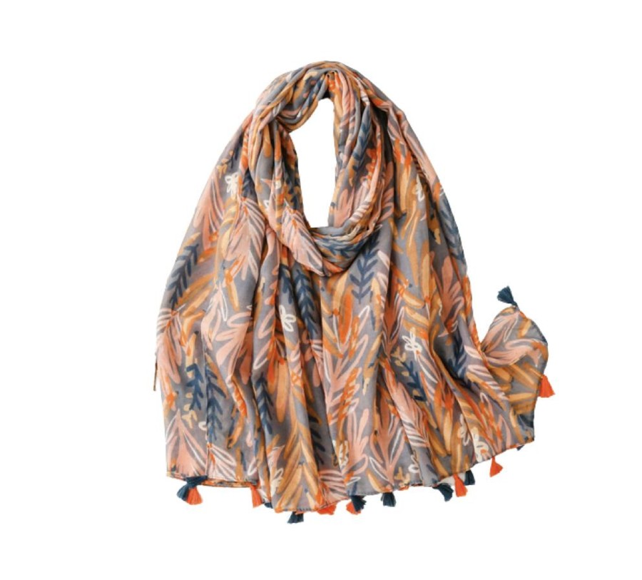 Accessories Penningtons | Orange And Grey Leaves Scarf With Tassels - Don'T Ask - Penningtons