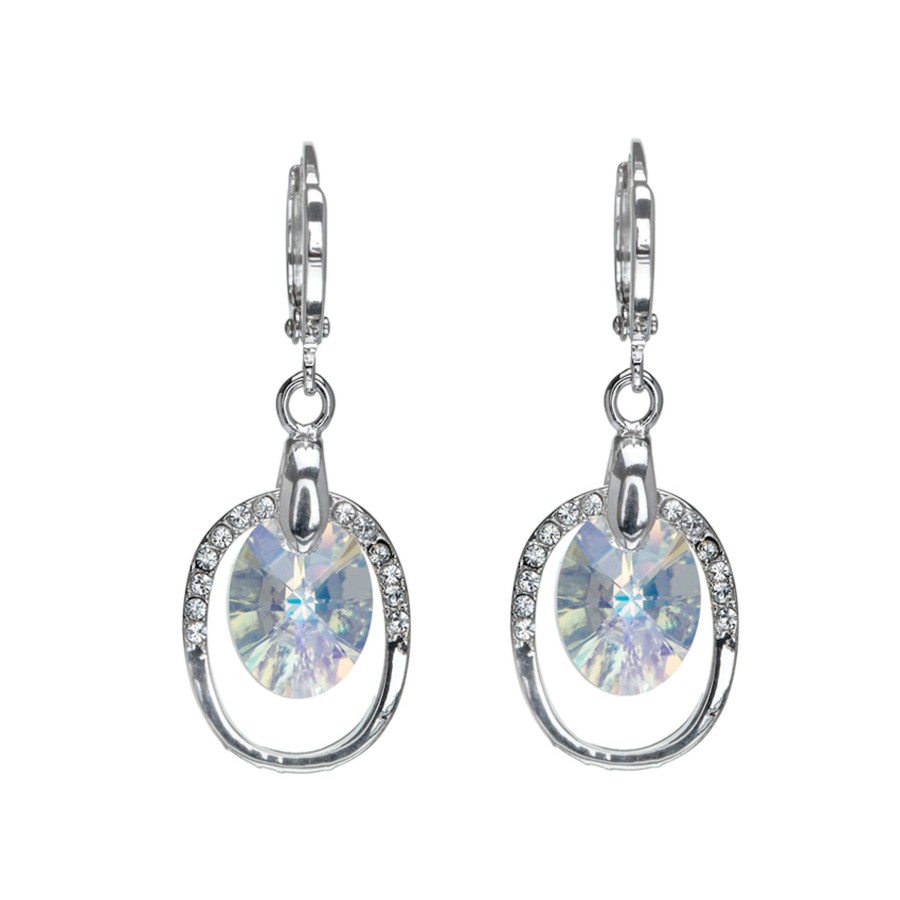 Accessories Penningtons | Rhodium Plated Crystal Oval Drop Earrings With Pave Oval Frame And Leverback Hoop - Callura - Penningtons