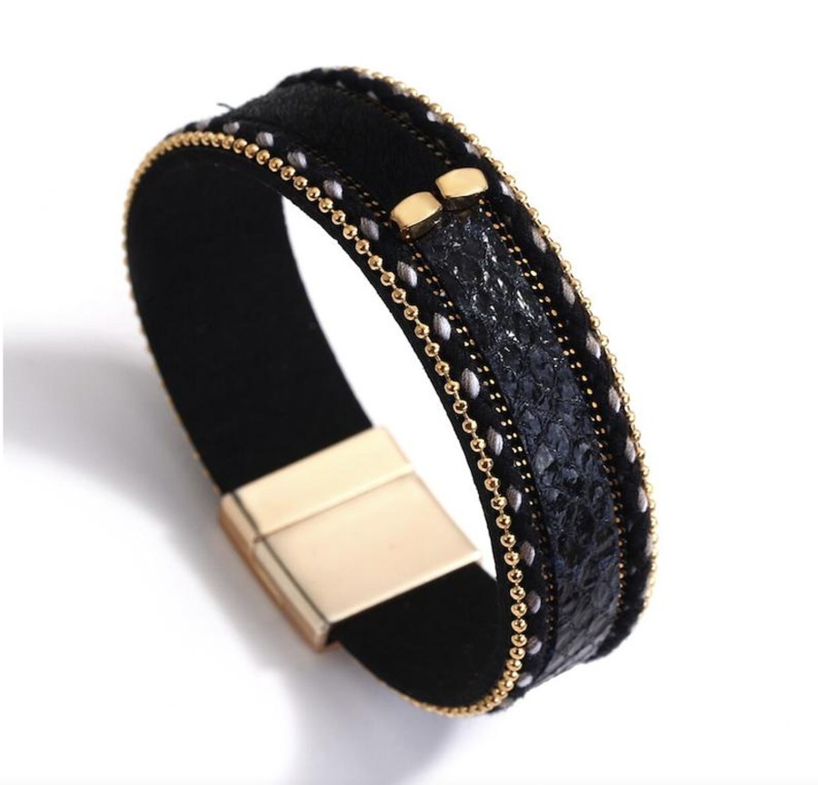 Accessories Penningtons | Black & Goldtone Faux Leather Snakeskin Bracelet - Don'T Ask - Penningtons