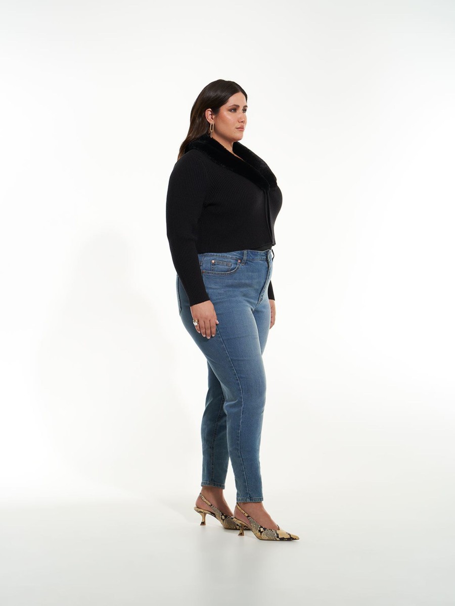 Clothing Penningtons | Black Ribbed Shrug With Faux Fur Collar - Addition Elle