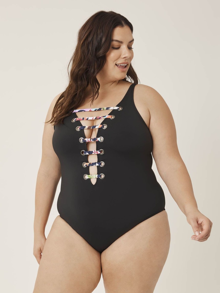 Clothing Penningtons | Black Lace-Down One-Piece Swimsuit - Bleu Rod Beattie