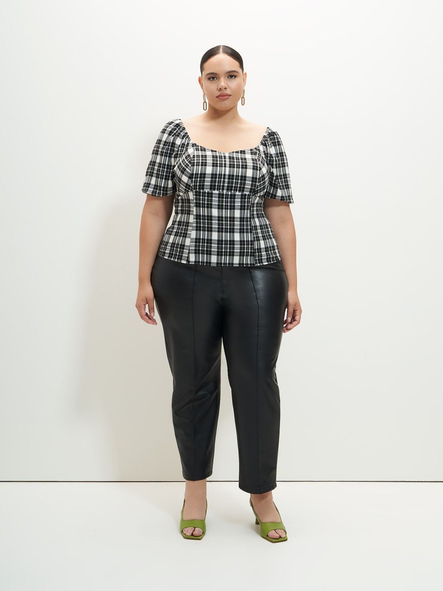 Addition Elle Penningtons Tops | Plaid Blouse With Short Bubble Sleeves - Addition Elle