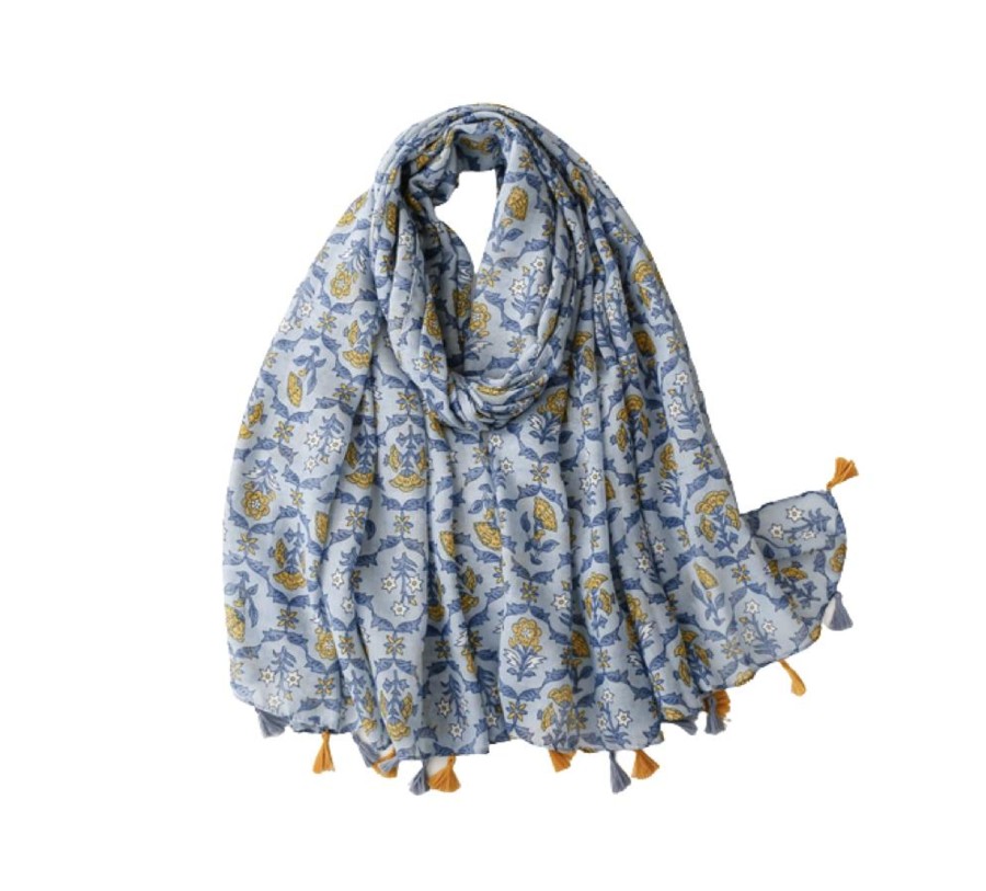 Accessories Penningtons | Light Blue Ikat Scarf With Tassels - Don'T Ask - Penningtons