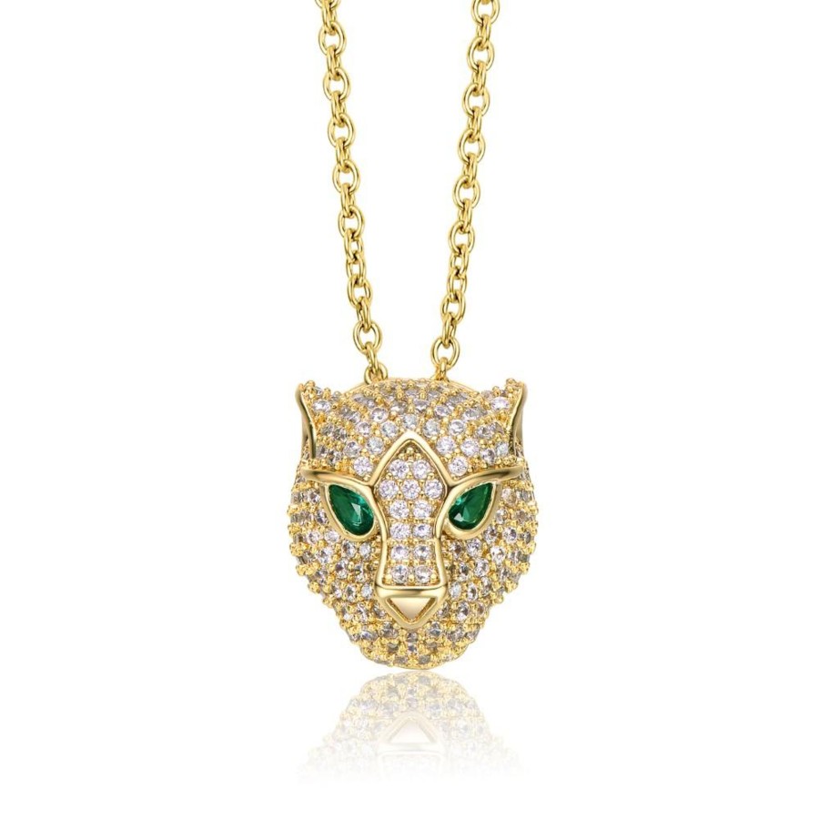 Accessories Penningtons | Rg 14K Yellow Gold Plated With Emerald & Cubic Zirconia 3D Panther Head Pendant Layering Necklace - Penningtons