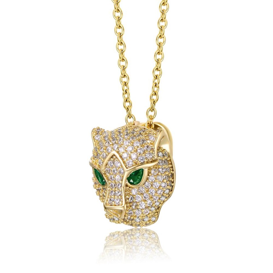 Accessories Penningtons | Rg 14K Yellow Gold Plated With Emerald & Cubic Zirconia 3D Panther Head Pendant Layering Necklace - Penningtons