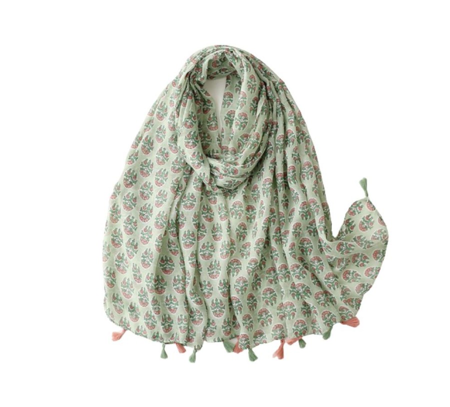 Accessories Penningtons | Green Flower Scarf With Tassels - Don'T Ask - Penningtons