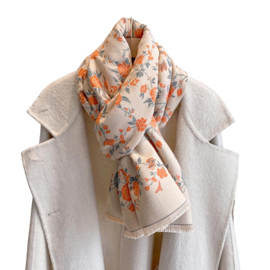 Accessories Penningtons | Delicate Orange Floral Beige Fringe-Trimmed Scarf- Don'T Ask - Penningtons