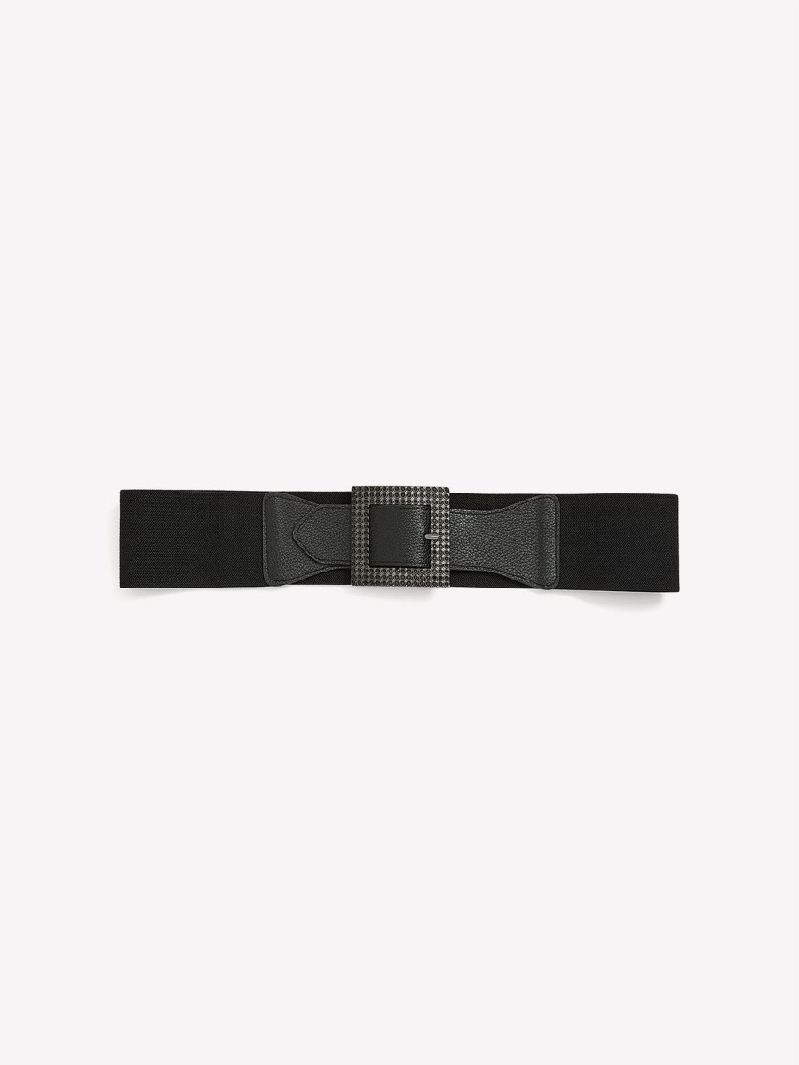 Accessories Penningtons | Black Wide Elastic Belt With Rhinestone Square Buckle