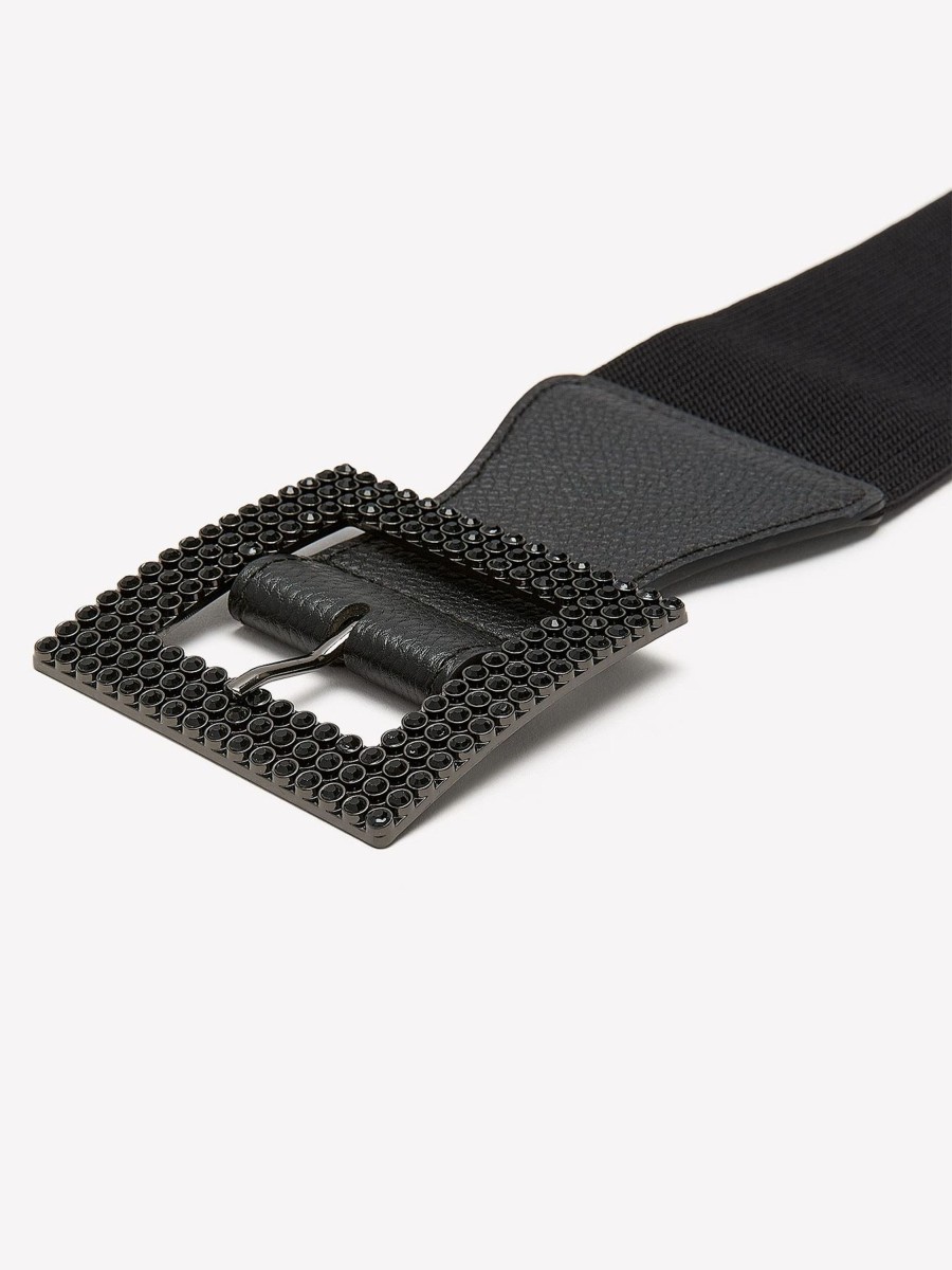 Accessories Penningtons | Black Wide Elastic Belt With Rhinestone Square Buckle