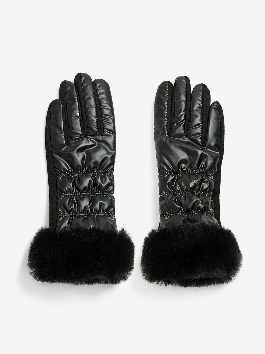 Accessories Penningtons | Black Quilted Gloves With Faux-Fur Trim