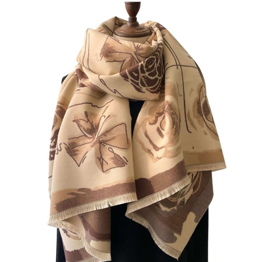 Accessories Penningtons | Warm And Luxurious Winter Scarf With Tonal Roses In Coffee- Don'T Ask - Penningtons