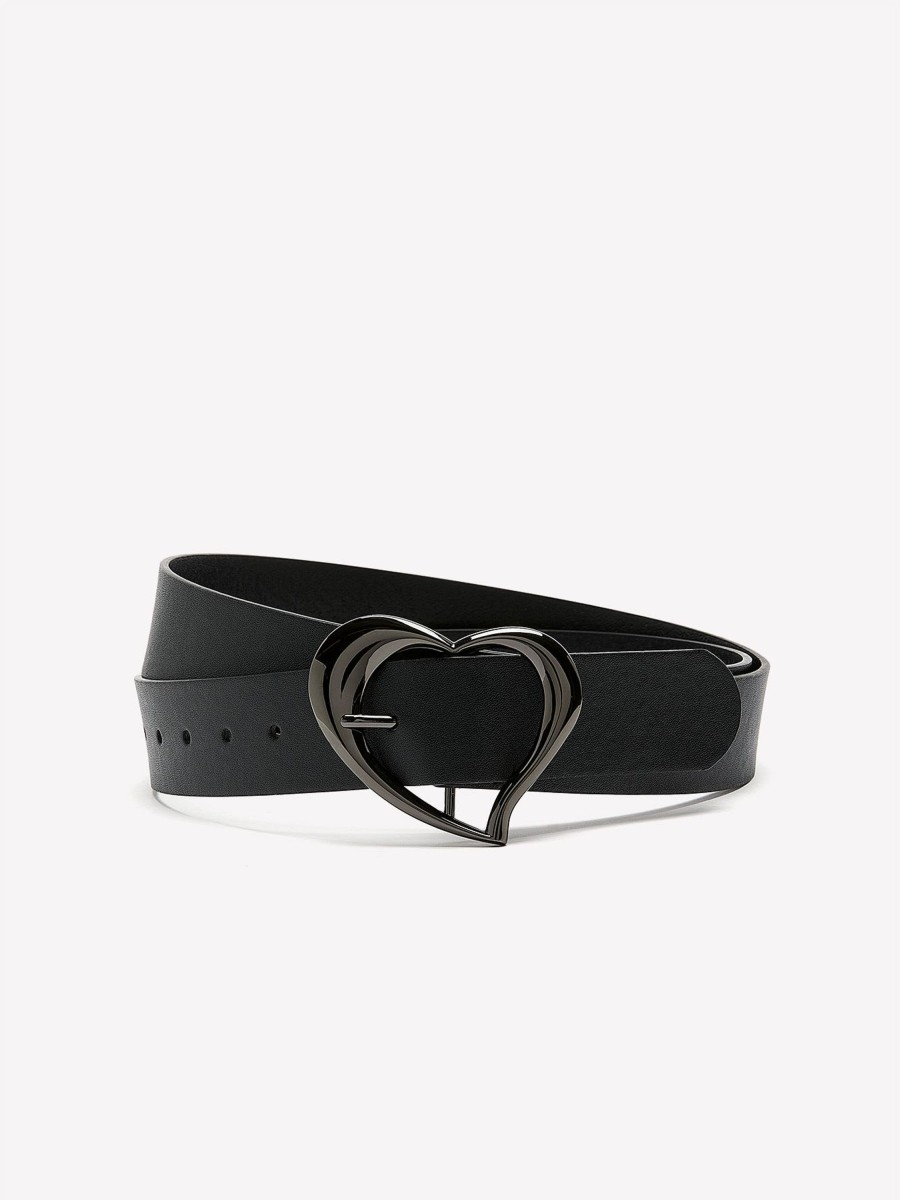 Accessories Penningtons | Black Faux-Leather Belt With Heart-Shaped Buckle