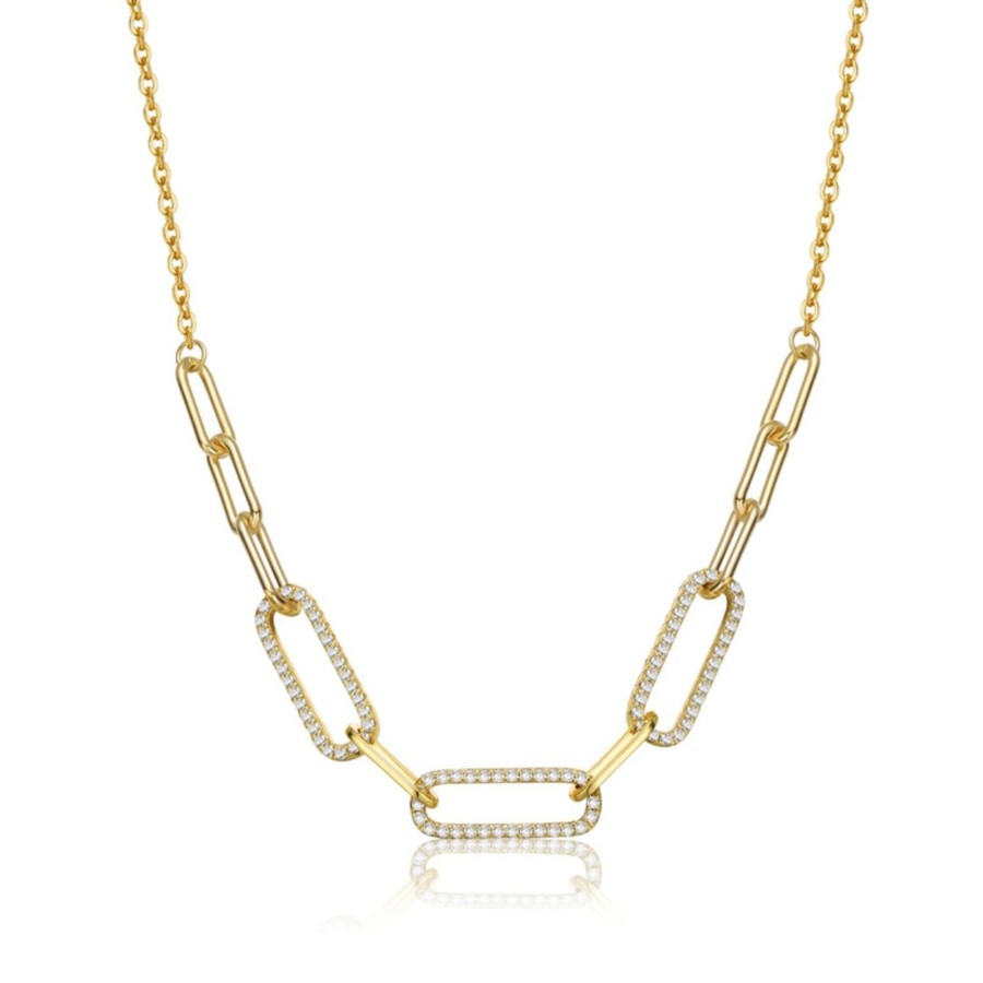 Accessories Penningtons | Sterling Silver 14K Yellow Gold Plated With Clear Cubic Zirconia Elongated Cable Link Chain Necklace - Penningtons