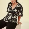 Clothing Penningtons | Floral Flutter-Sleeve Blouse With Buttoned V-Neck - Addition Elle