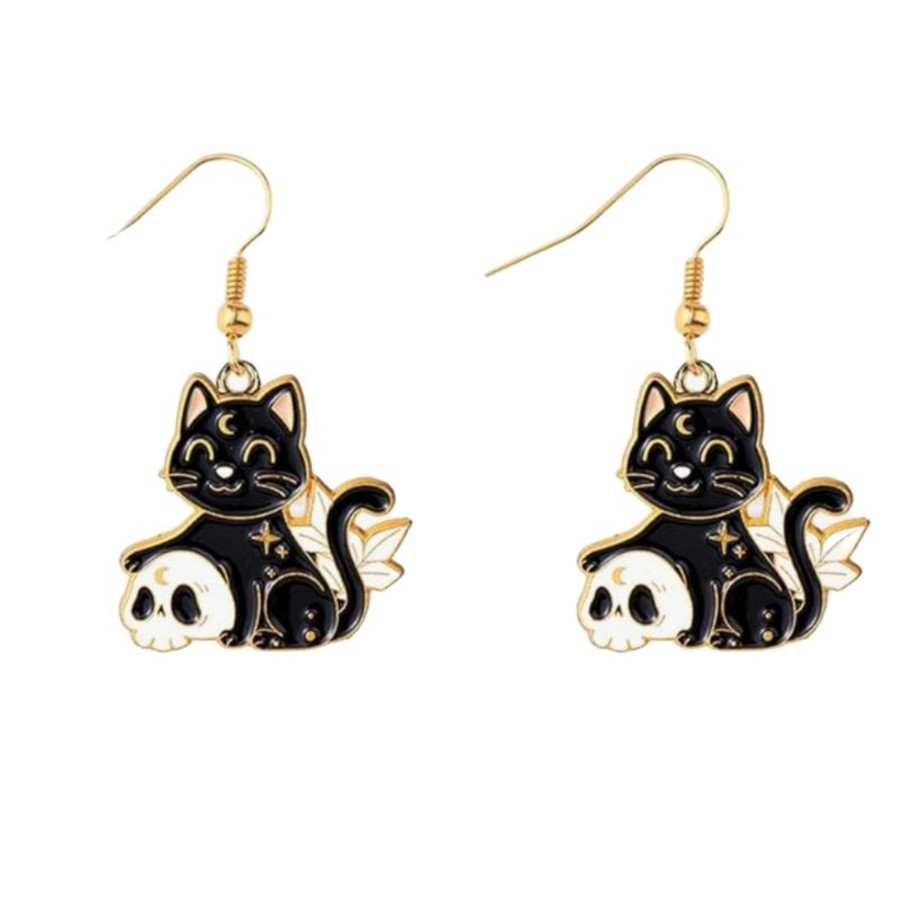 Accessories Penningtons | Goldtone Celestial Black Cat & Skull Drop Earrings- Don'T Ask - Penningtons