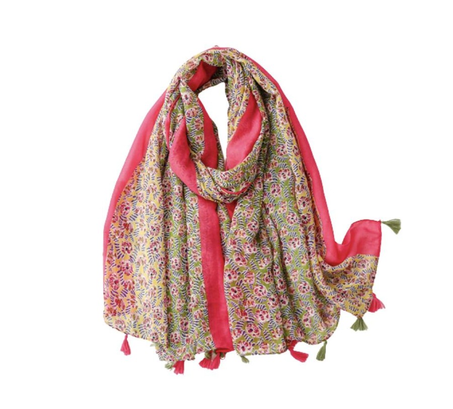 Accessories Penningtons | Bright Pink And Floral Scarf With Tassels - Don'T Ask - Penningtons