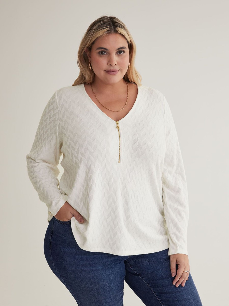 Clothing Penningtons | White Textured Knit Top With Zippered V-Neck