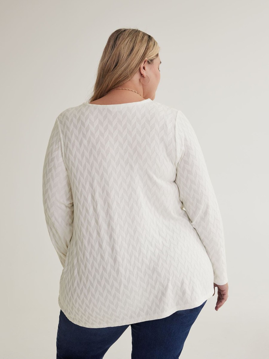 Clothing Penningtons | White Textured Knit Top With Zippered V-Neck