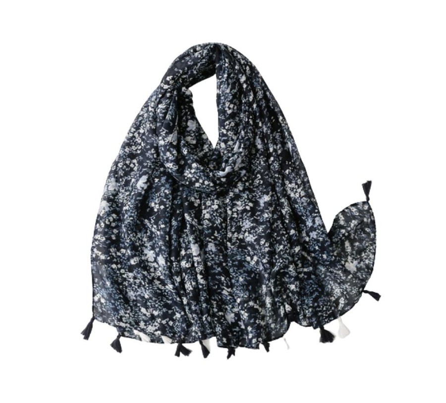 Accessories Penningtons | Navy Mini Flower Scarf With Tassels - Don'T Ask - Penningtons