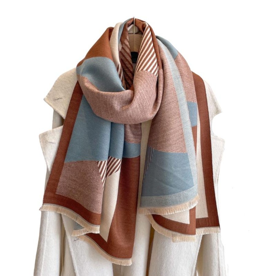 Accessories Penningtons | Brown & Blue Plaid Striped Fringe-Trimmed Scarf - Don'T Ask - Penningtons