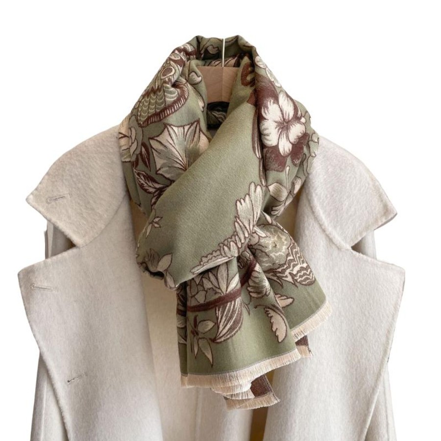 Accessories Penningtons | Olive Green & Brown Floral Fringe-Trimmed Scarf - Don'T Ask - Penningtons