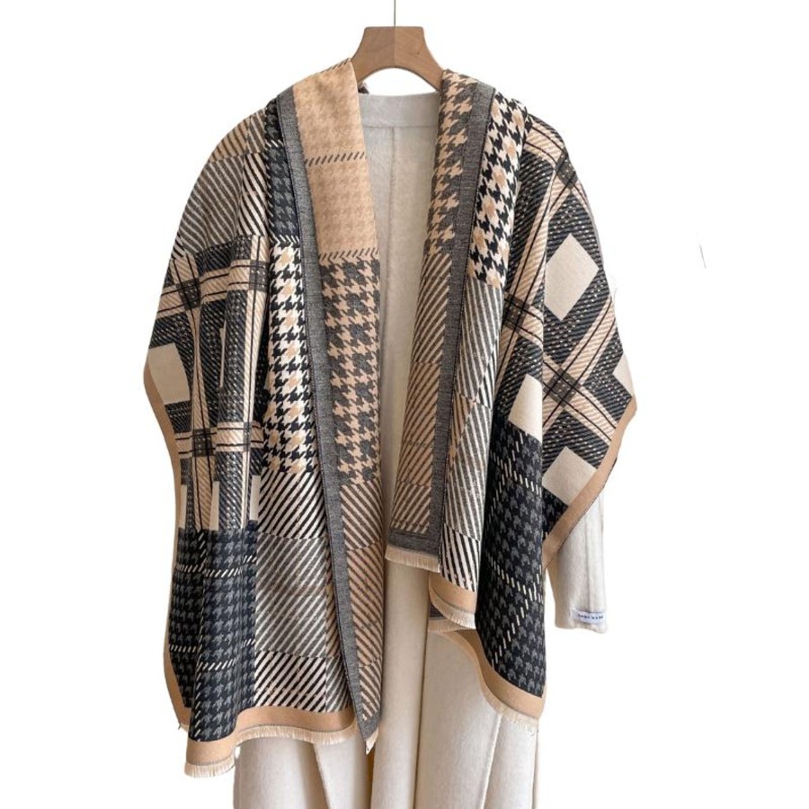 Accessories Penningtons | Beige & Black Striped And Houndstooth Patterned Scarf - Don'T Ask - Penningtons