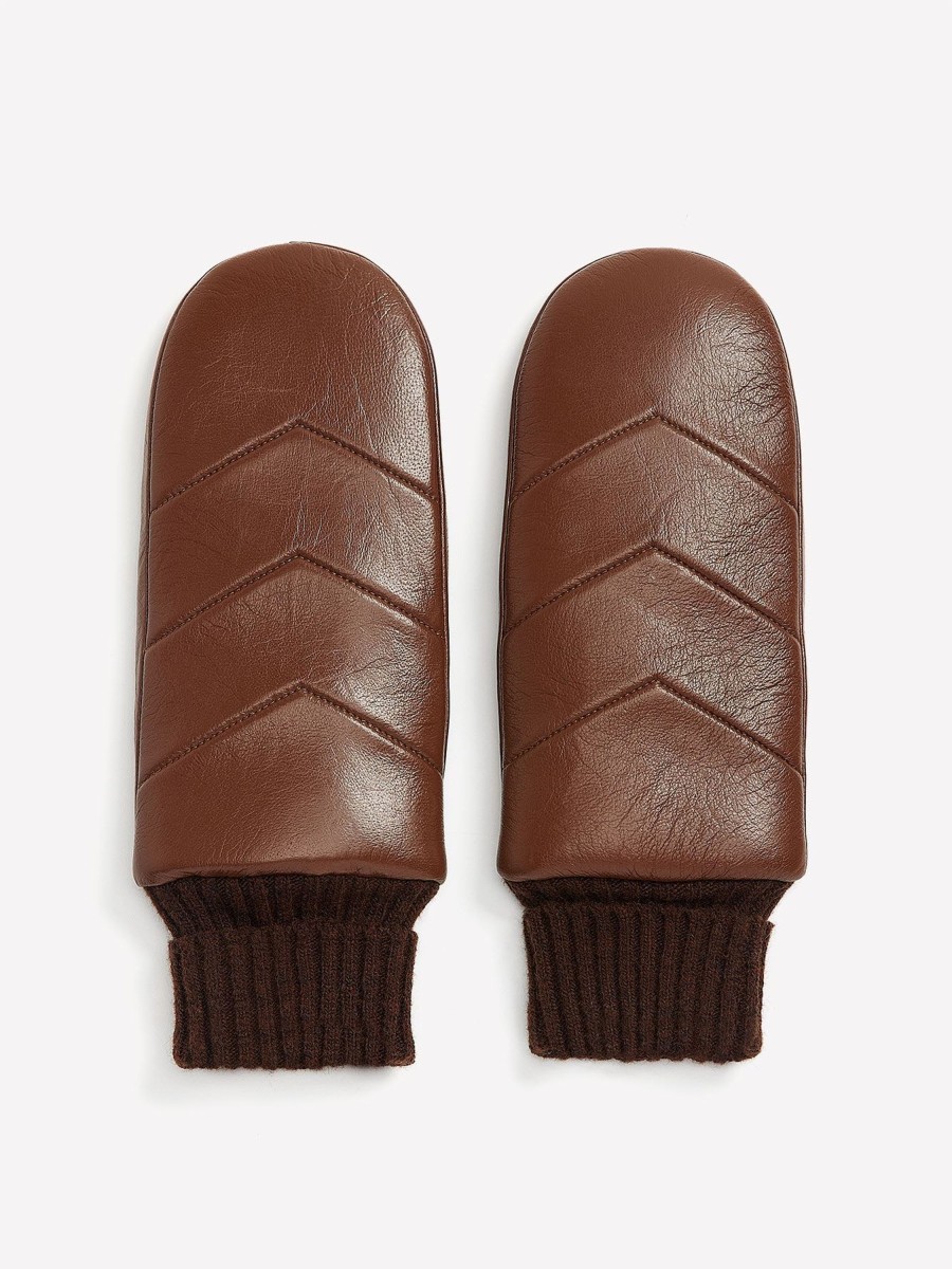 Accessories Penningtons | Brown Leather V-Stitch Quilted Mittens With Ribbed Cuffs