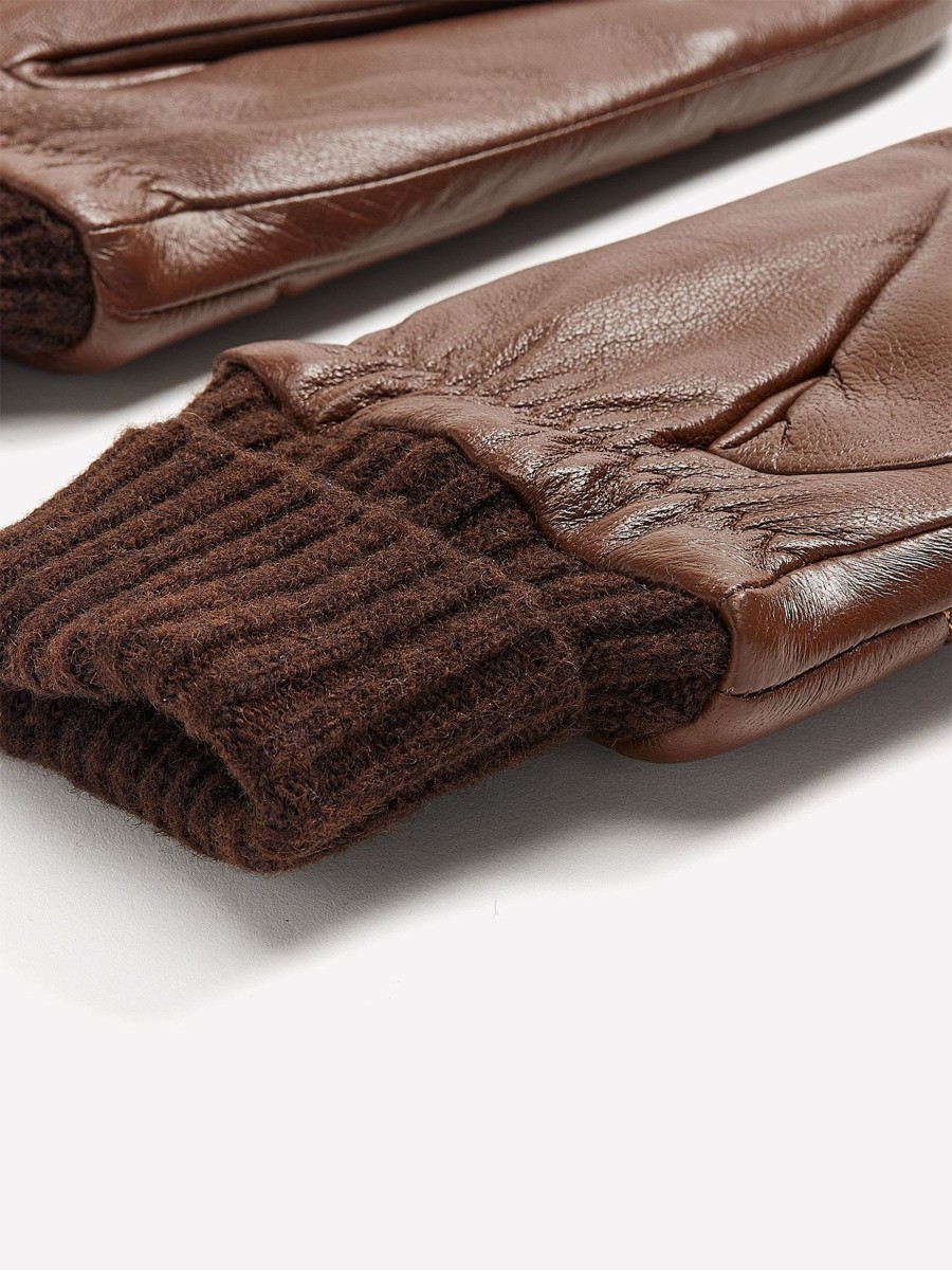 Accessories Penningtons | Brown Leather V-Stitch Quilted Mittens With Ribbed Cuffs