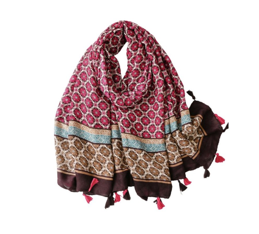 Accessories Penningtons | Fuchsia And Brown Circle Scarf With Tassels - Don'T Ask - Penningtons