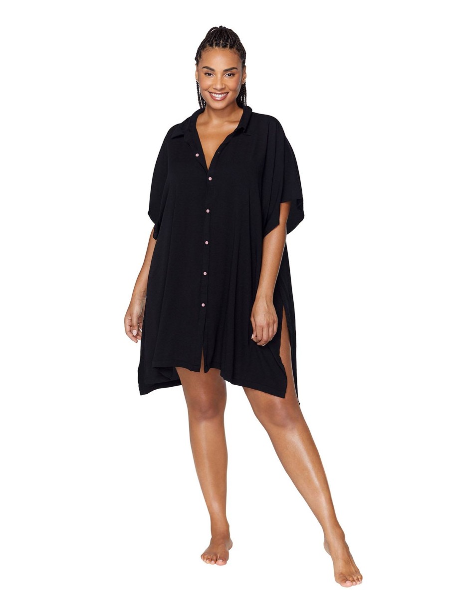 Clothing Penningtons | Black Vacay Buttoned-Down Cover-Up Shirt - Raisins Curve