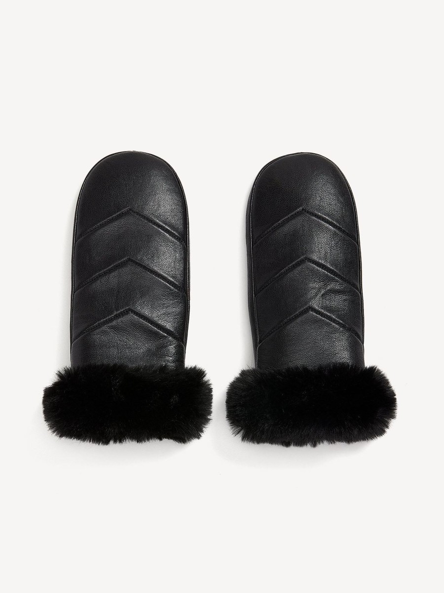 Accessories Penningtons | Black Leather V-Stitch Quilted Mittens With Faux-Fur Cuffs