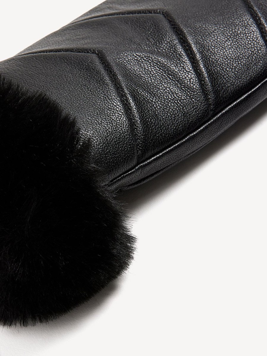 Accessories Penningtons | Black Leather V-Stitch Quilted Mittens With Faux-Fur Cuffs