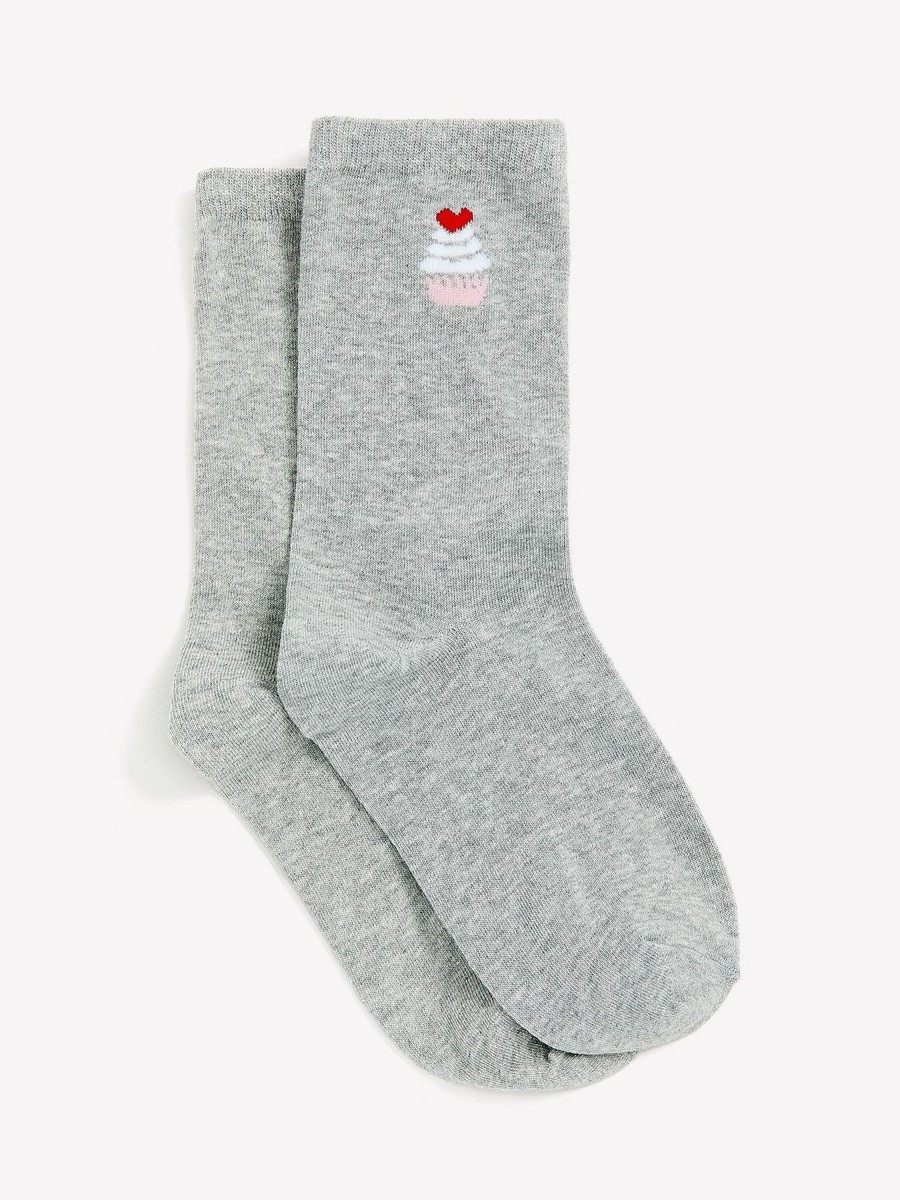 Accessories Penningtons | Grey Crew Sock With Cupcake Placement Print