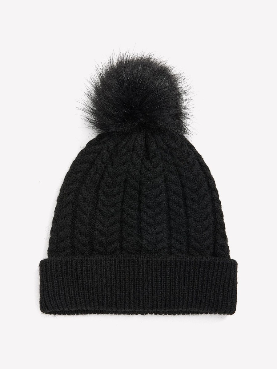 Accessories Penningtons | Black Cable Knit Cuff Beanie With Pom