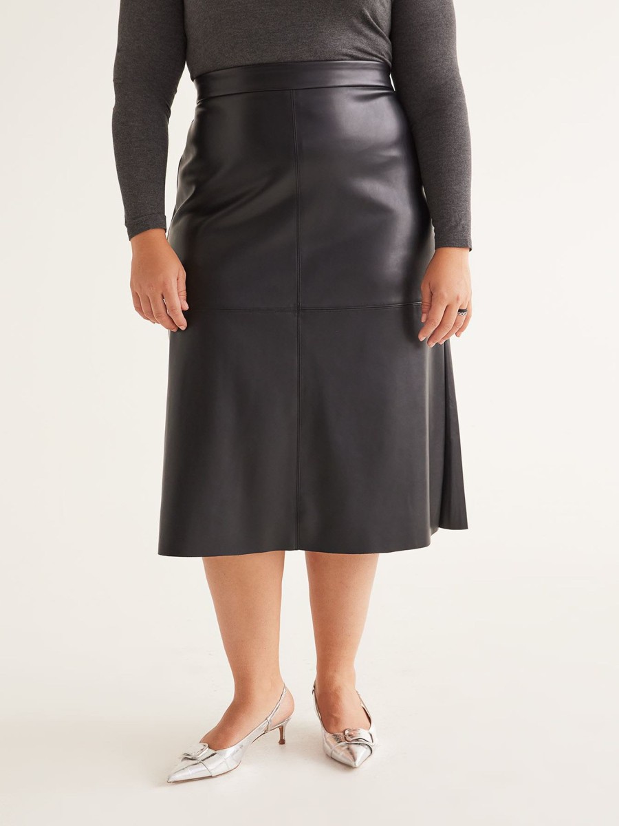 Clothing Penningtons | Black Faux Leather Midi Skirt