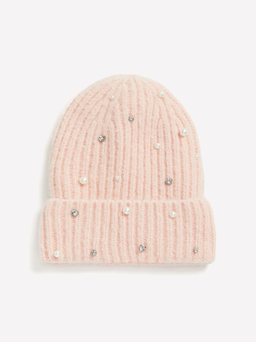 Accessories Penningtons | Ribbed Knit Cuff Beanie With Fleece Lining And Decorative Pearls