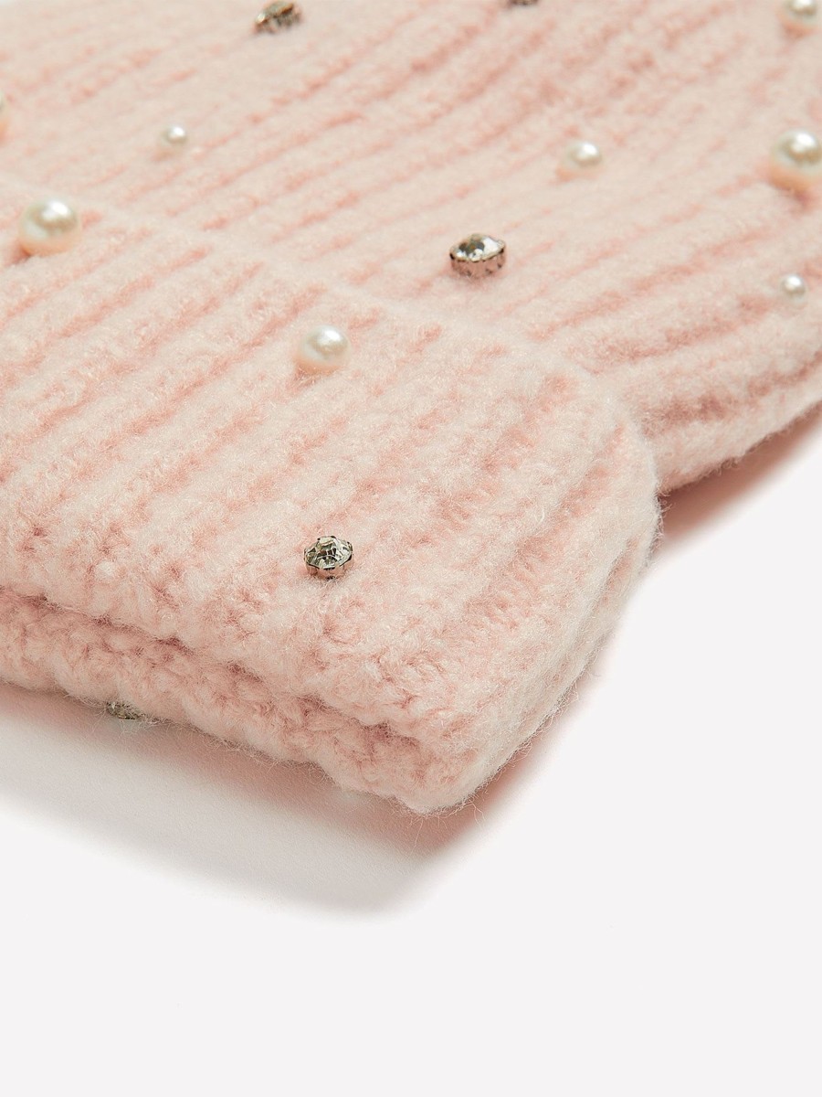 Accessories Penningtons | Ribbed Knit Cuff Beanie With Fleece Lining And Decorative Pearls