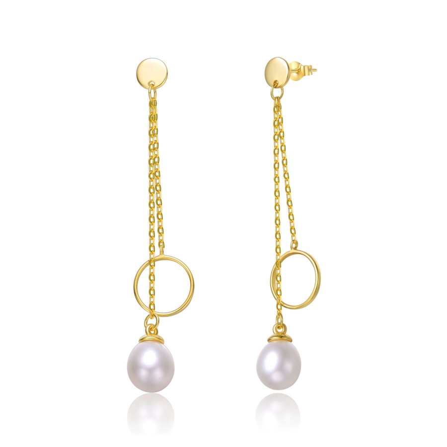 Accessories Penningtons | Sterling Silver 14K Yellow Gold Plated With White Pearl & Eternity Circle Asymmetrical Double Linear Drop Fringe Earrings - Penningtons