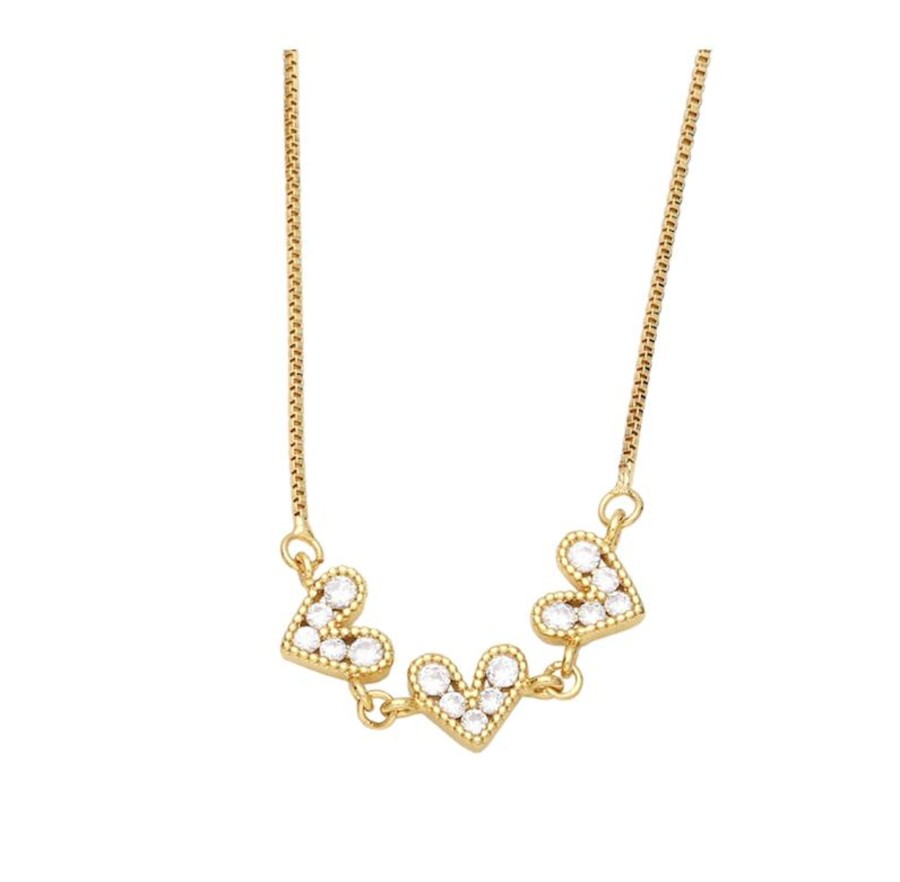 Accessories Penningtons | Goldtone Dainty Triple Heart Necklace With Cz In Clear - Eva Sky2 - Penningtons