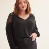 Clothing Penningtons | Black V-Neck Blouse With Lace Shoulder Inserts