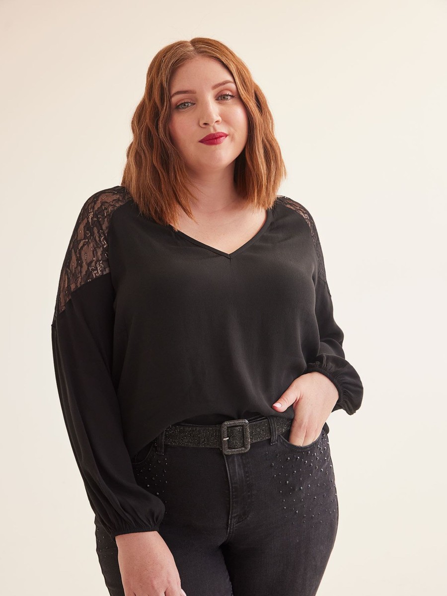 Clothing Penningtons | Black V-Neck Blouse With Lace Shoulder Inserts