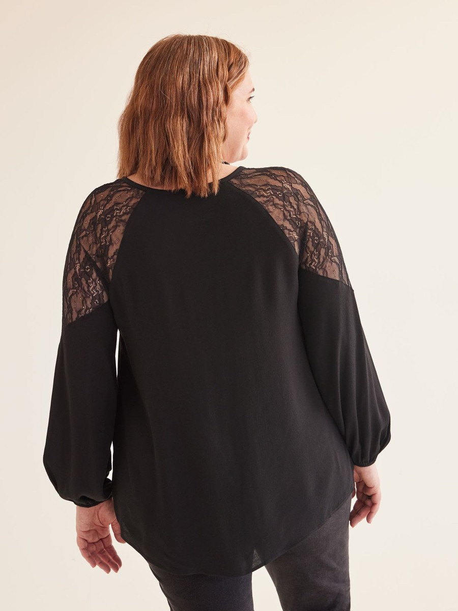 Clothing Penningtons | Black V-Neck Blouse With Lace Shoulder Inserts