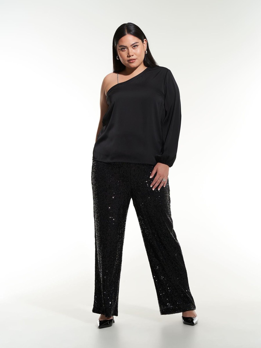 Clothing Penningtons | Black Off-Shoulder Satin Blouse With Rhinestones Strap - Addition Elle